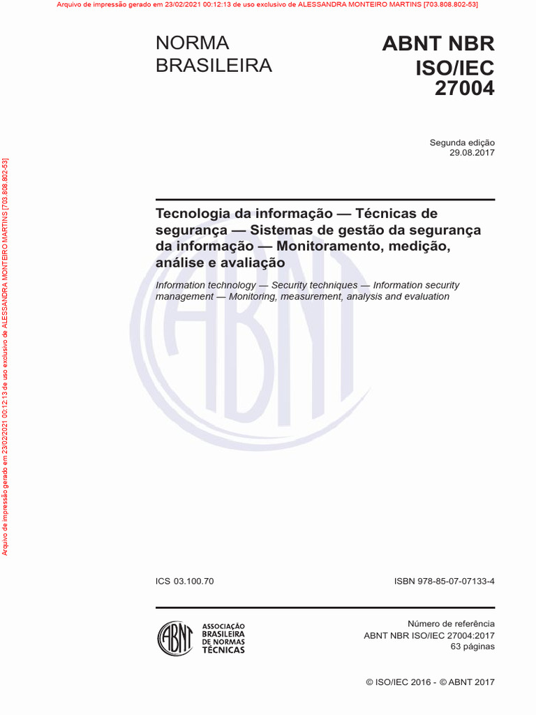 NBRISO - IEC27004 - Arquivo para Impressão | PDF | Segurança da ...