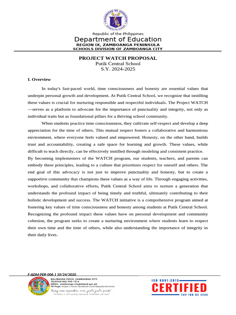 Project WATCH: Promoting Integrity & Punctuality | PDF | Community ...