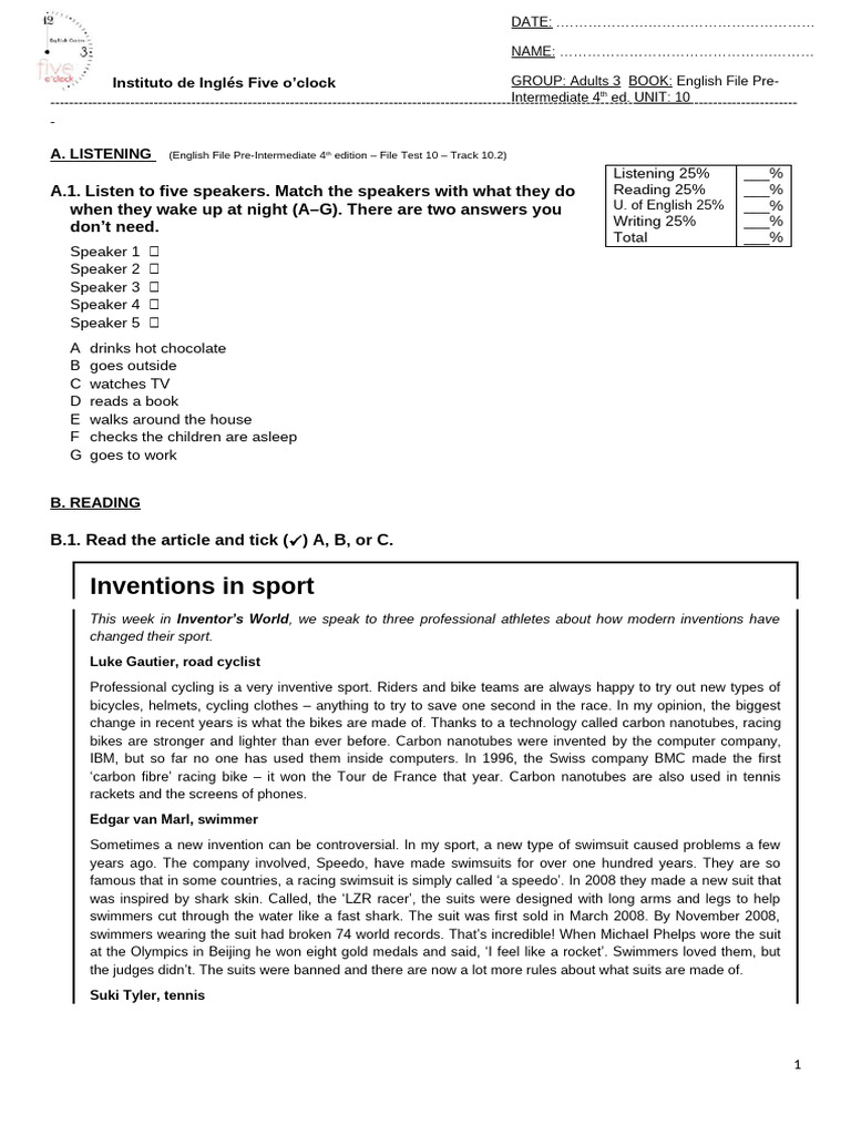 Test Project 2: English File Unit 10 | PDF