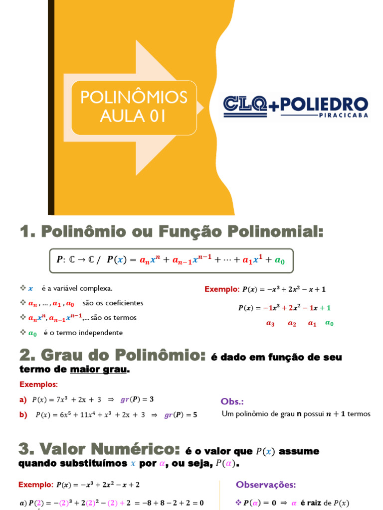 AULAS 49 e 50 - POLINÔMIOS - AULA 01 | PDF | Polinomial | Conceitos ...