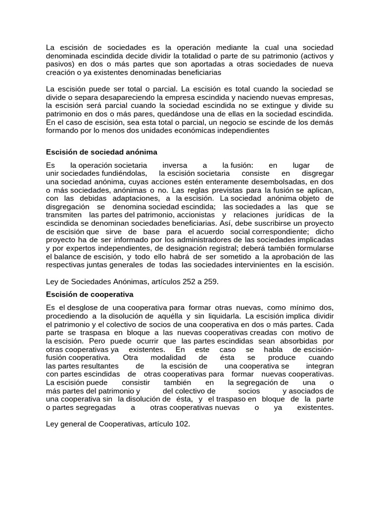 Escisión de sociedades y cooperativas | PDF | Cooperativa | Bienes (Ley)