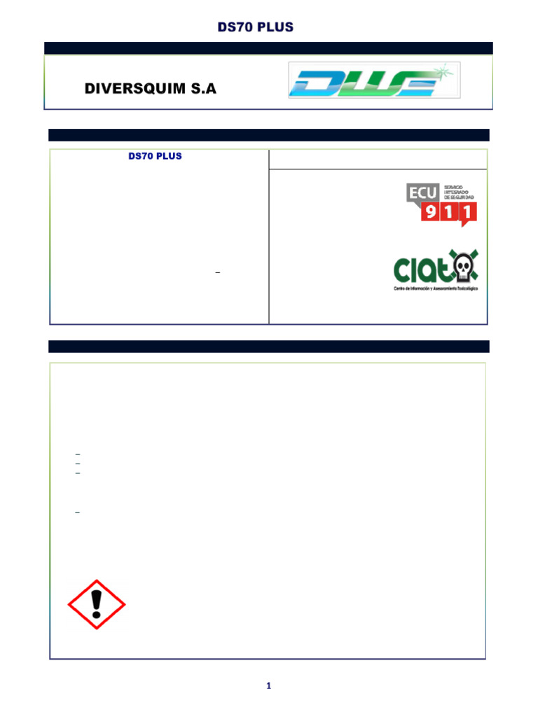 Hoja de Seguridad DS70 PLUS: INEN 2266 | PDF
