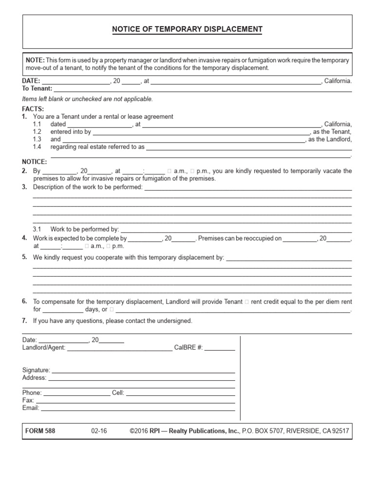 Notice of Temporary Tenant Displacement | PDF | Leasehold Estate | Landlord