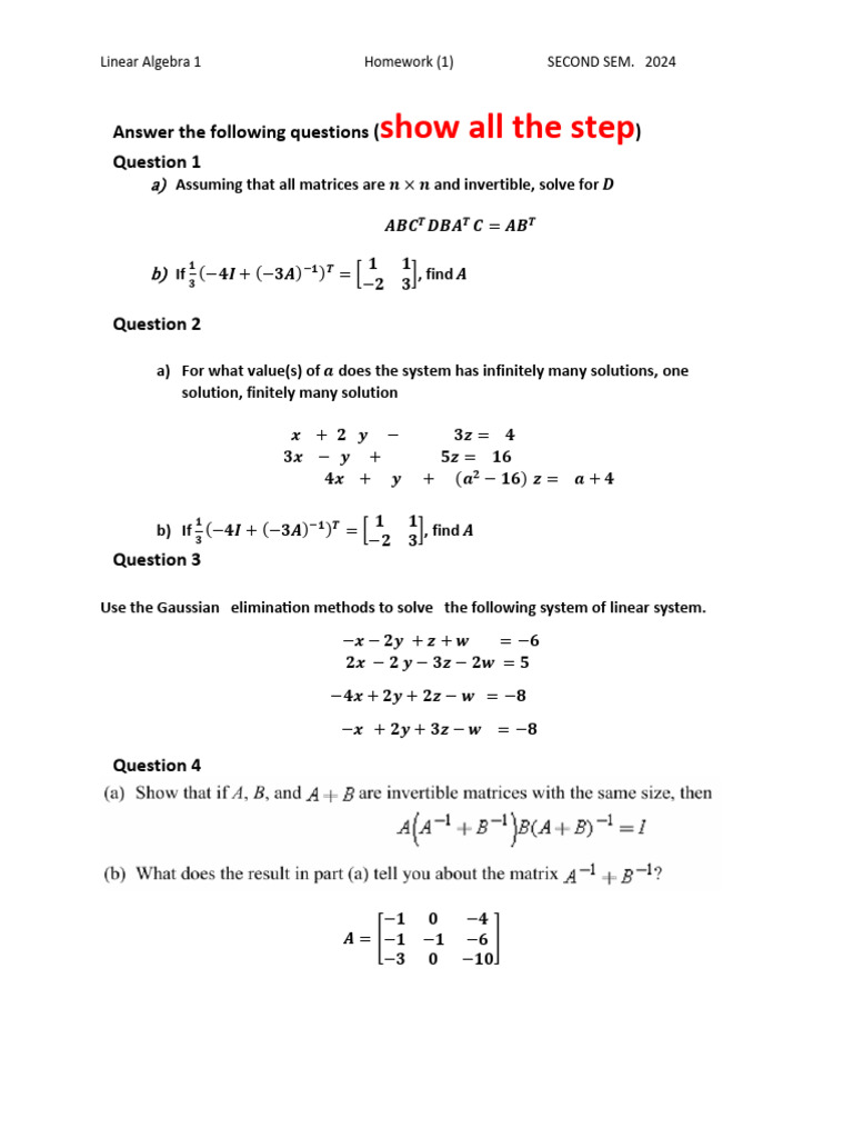 Linear Algebra (1) H .W. 1 Second Semsester (2024) | PDF