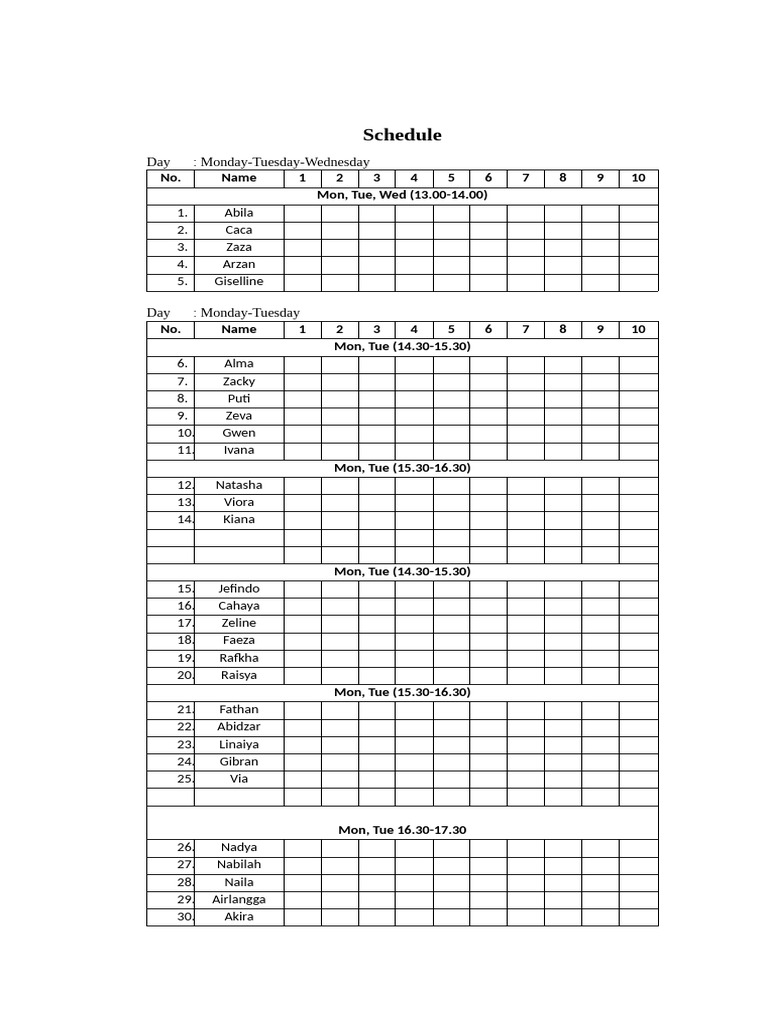 Weekly Class Schedule Overview | PDF