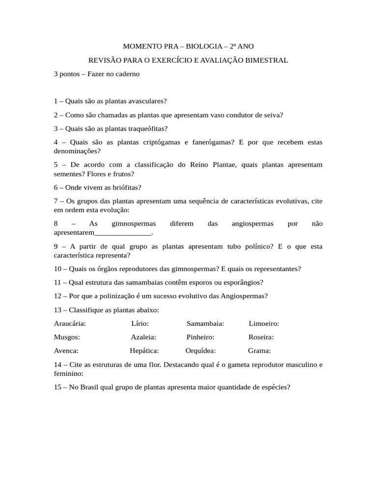 Questões sobre o Reino Plantae | PDF | Ciências e Matemática