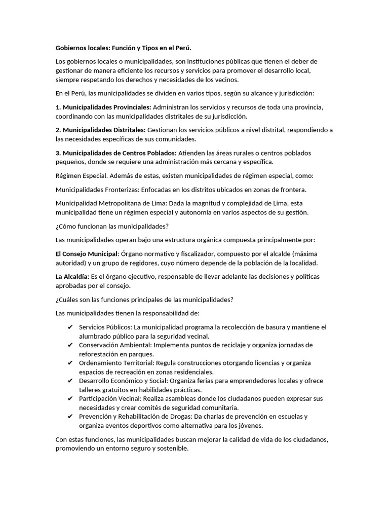 Funciones de Gobiernos Locales en Perú | PDF | Gobierno local
