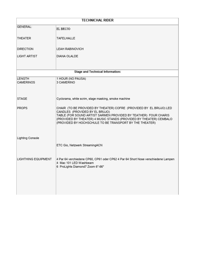 Technical Rider for El Brujo Theater Performance | PDF | Microphone ...