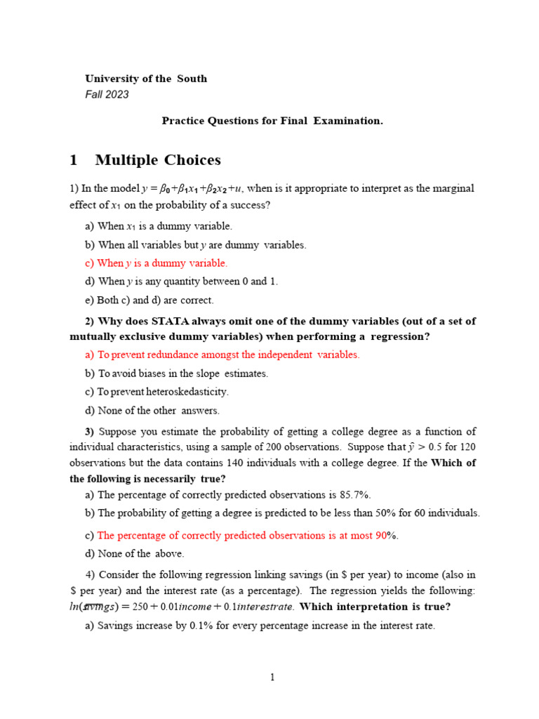 333 Practice Final Solutions | PDF | Regression Analysis | Dependent ...