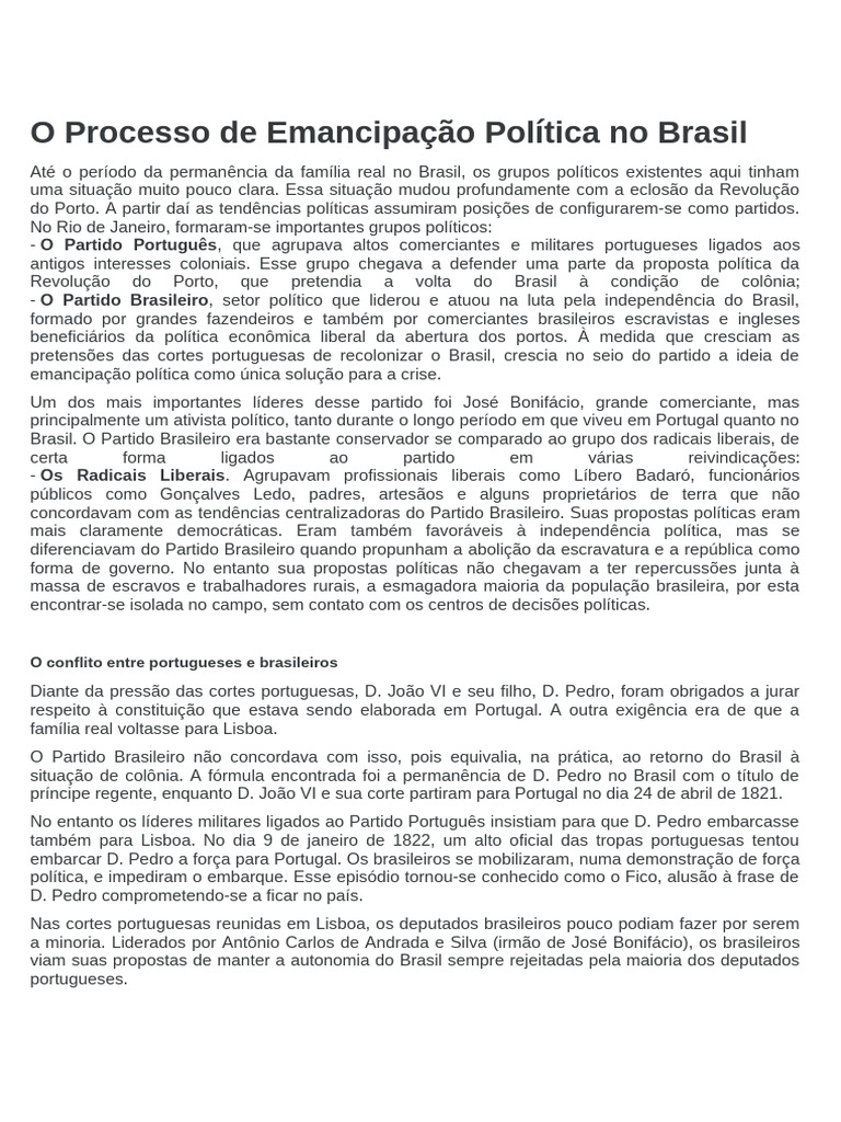 Emancipação Política no Brasil: Partidos e Conflitos | PDF | Brasil ...