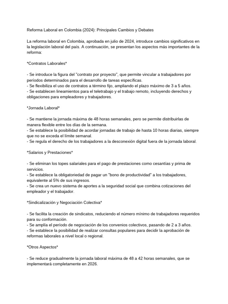 Reforma Laboral en Colombia (2024) - Principales Cambios y Debates ...