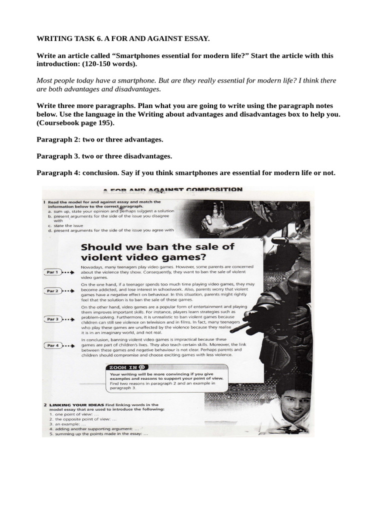 Writing Task 6. A For and Against Essay. | PDF