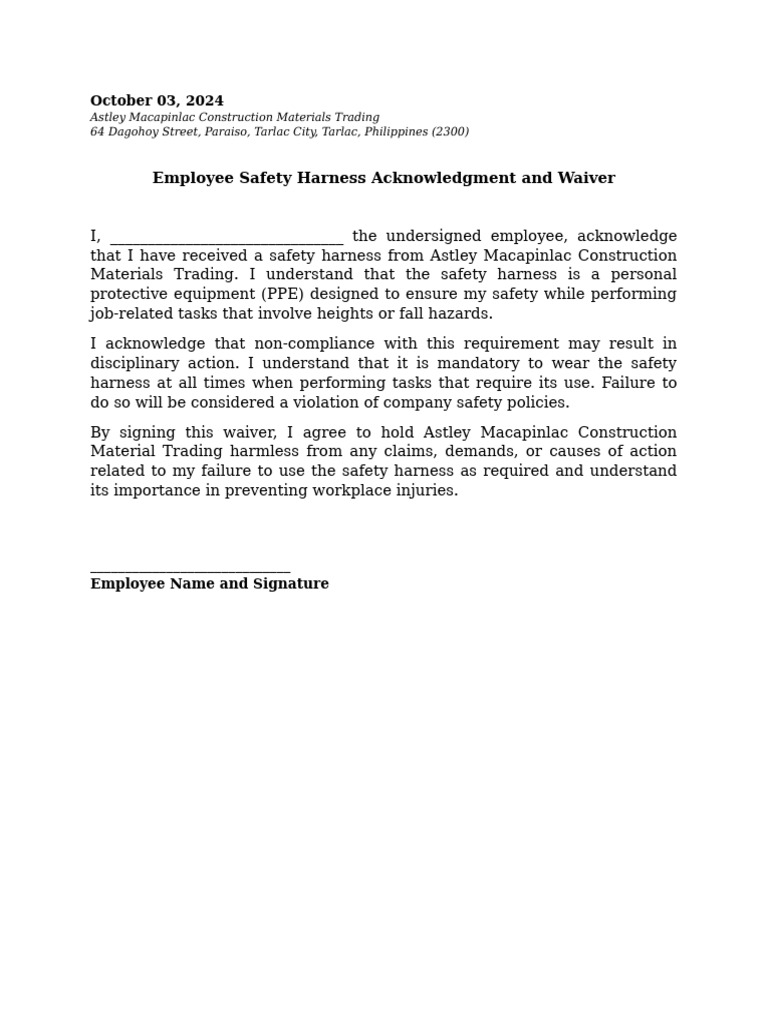 Acknowledgement And Waiver Pdf