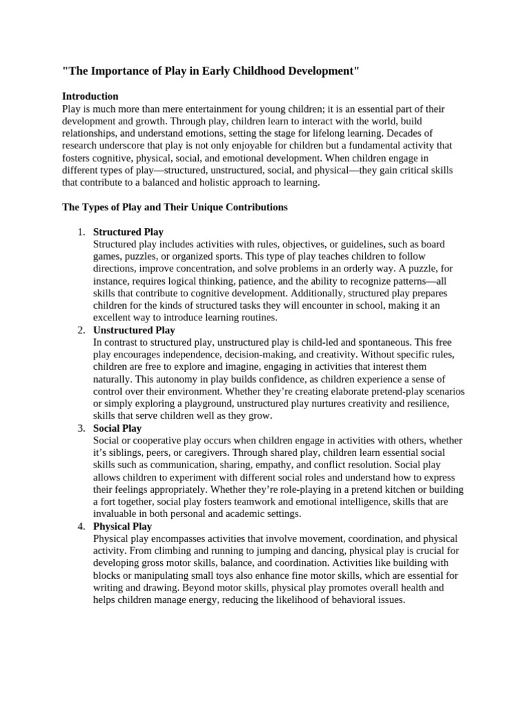 Importance of Play in Child Development | PDF | Creativity | Learning
