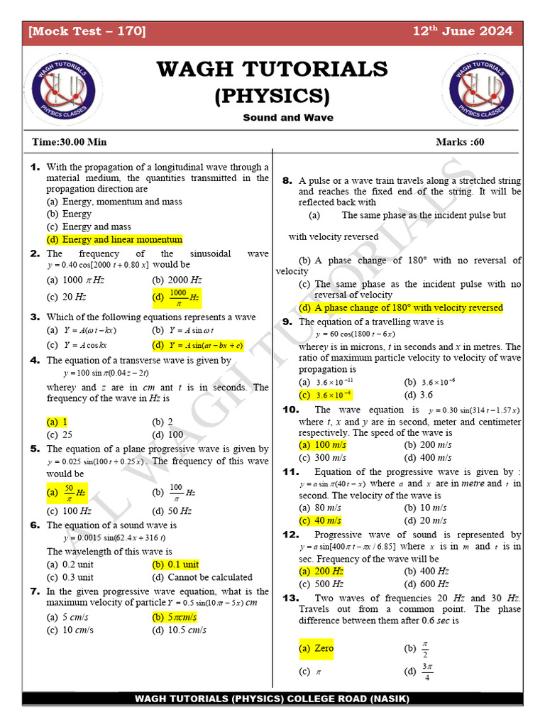 Physics Mock Test on Waves and Sound | PDF | Waves | Sound