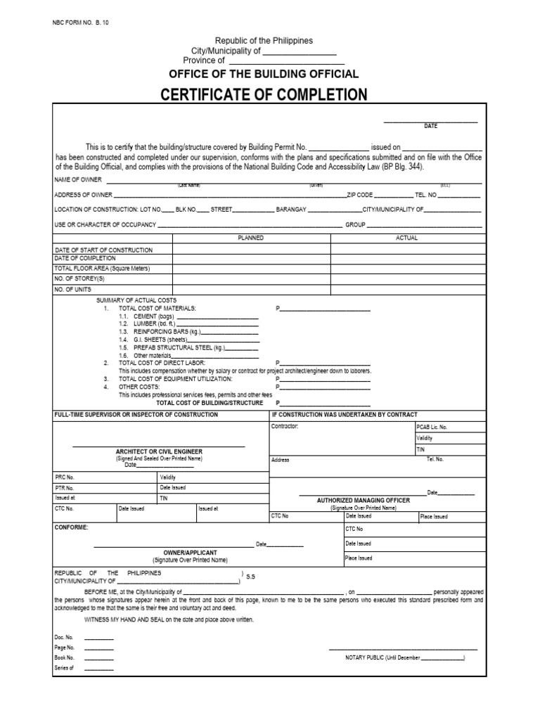 Certificate of Completion for Buildings | PDF