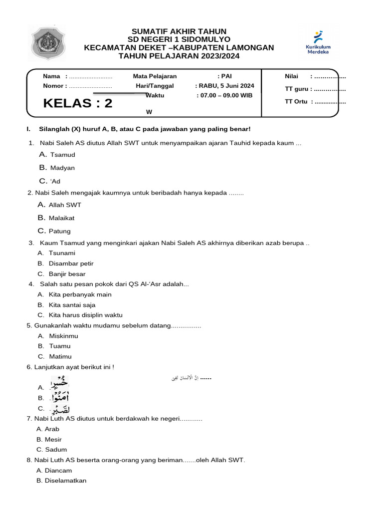Soal PAI Kelas 2 SD Sidomulyo | PDF