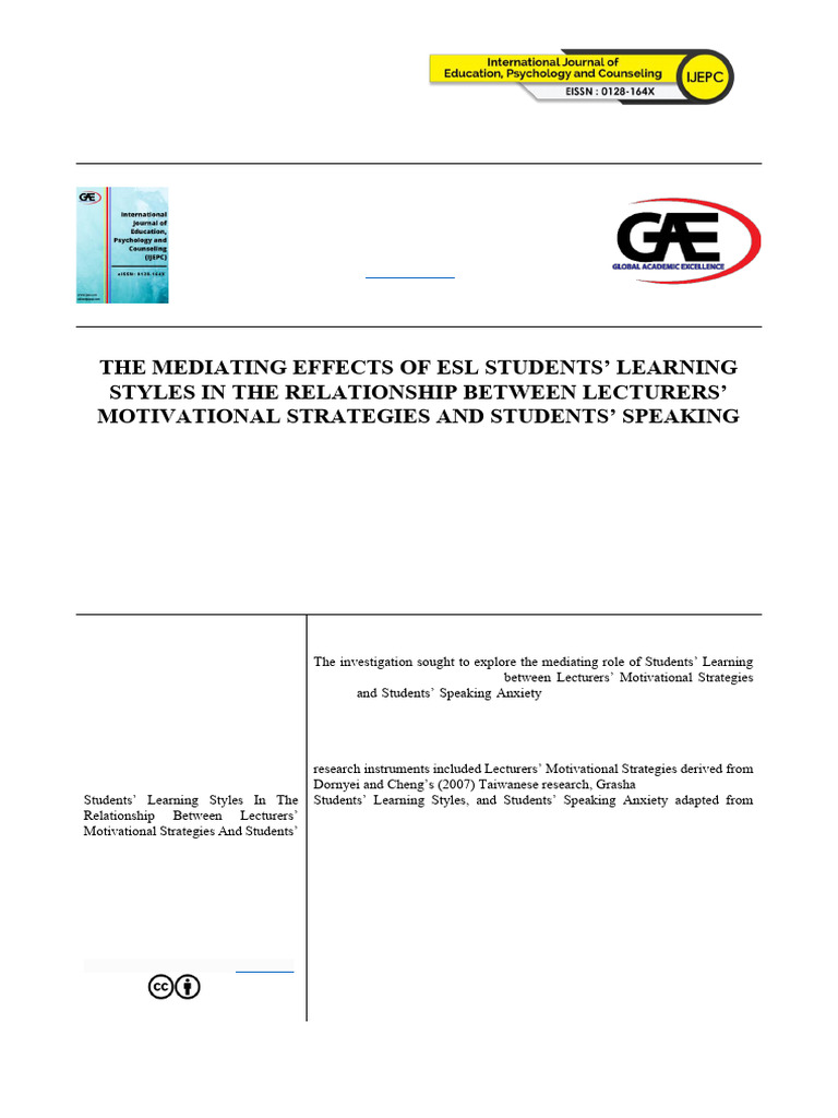 The Mediating Effects of Esl Students' Learning Styles in The ...