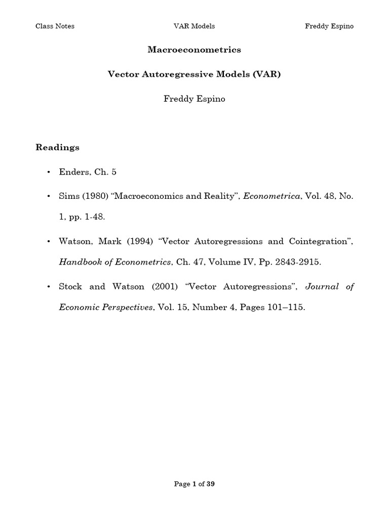 Understanding VAR Models in Econometrics | PDF | Vector Autoregression ...