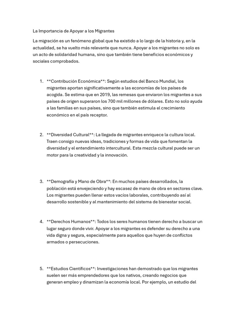 Beneficios de Apoyar a los Migrantes | PDF