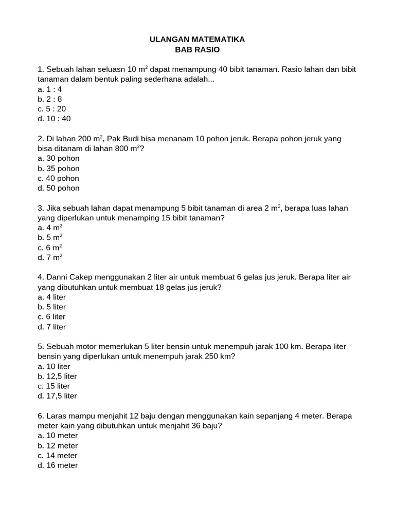 Ulangan Matematika: Soal Rasio dan Proporsi | PDF | Griya & Taman