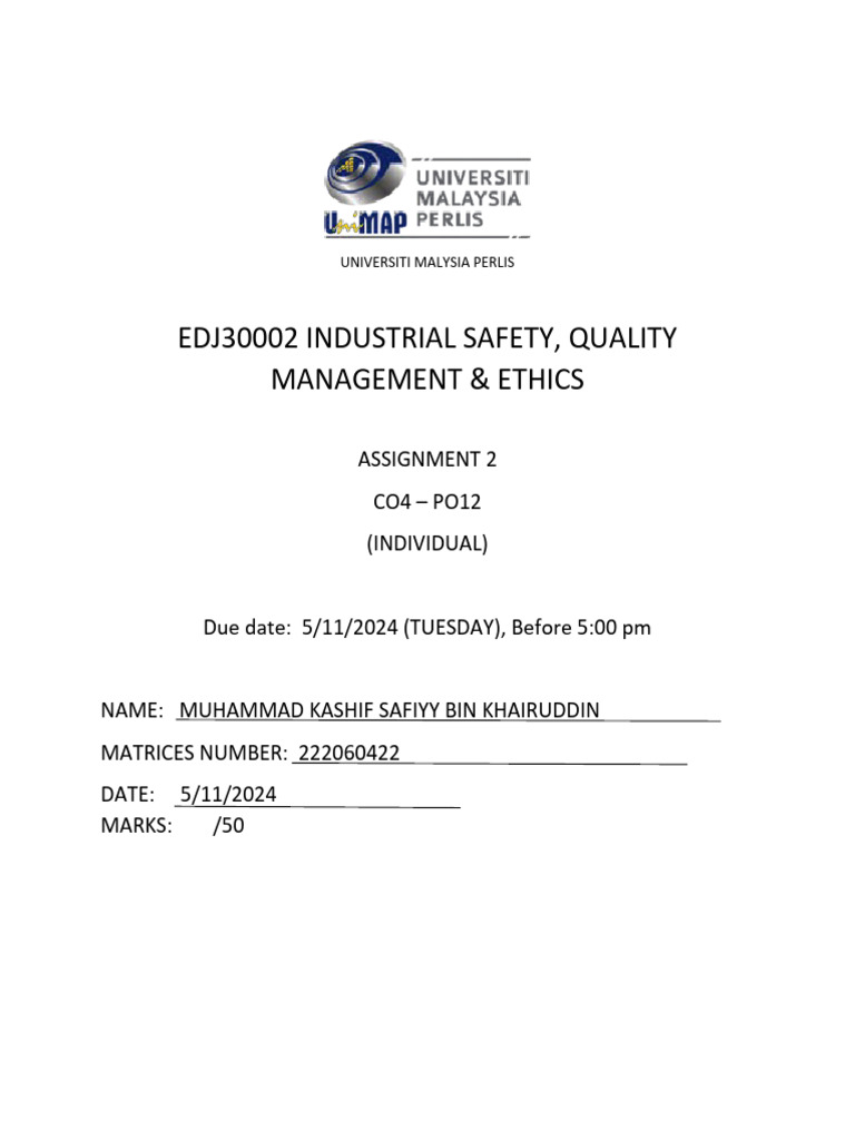 Industrial Safety and Quality Management Assignment | PDF