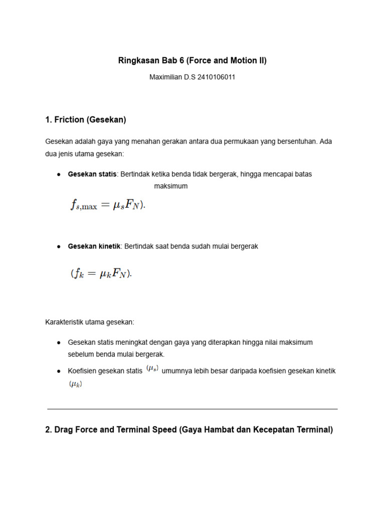 Gesekan, Gaya Hambat, dan Gerak Melingkar | PDF
