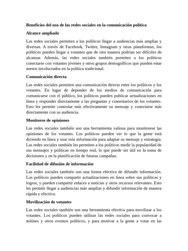 Beneficios Del Uso de Las Redes Sociales en La Comunicación Política ...