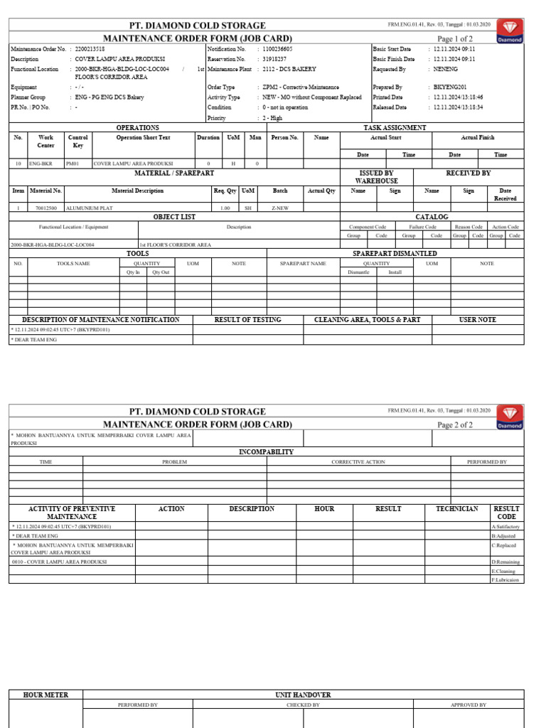 Maintenance Order Form for Production Area | PDF | Computing