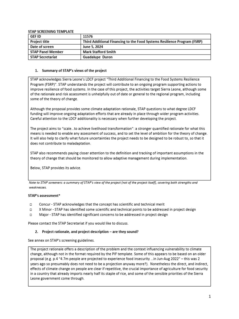 STAP Review of Sierra Leone FSRP Project | PDF | Risk