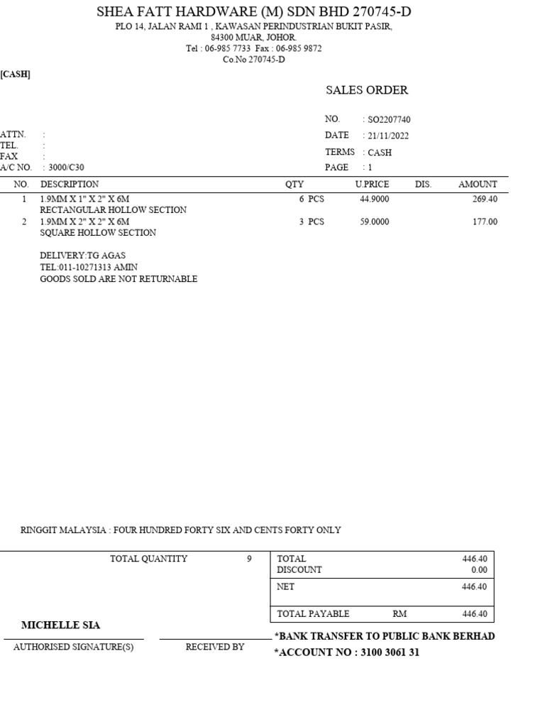 Sales Order for Hardware Supplies | PDF