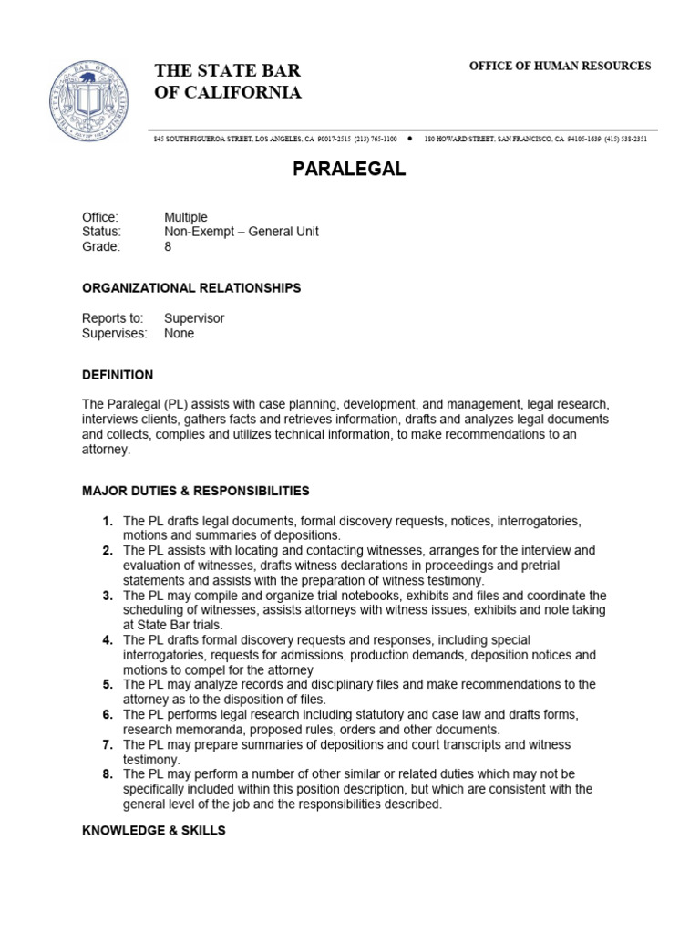 California Paralegal Job Description | PDF | Deposition (Law ...