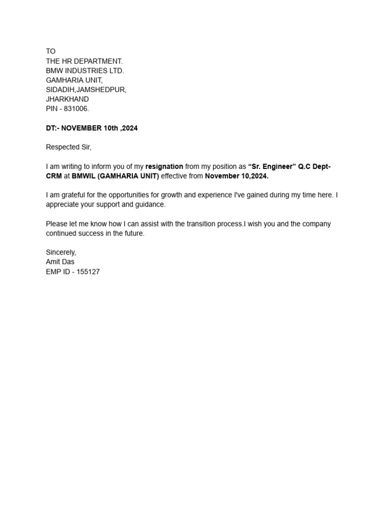 Resignation Letter from Sr. Engineer | PDF