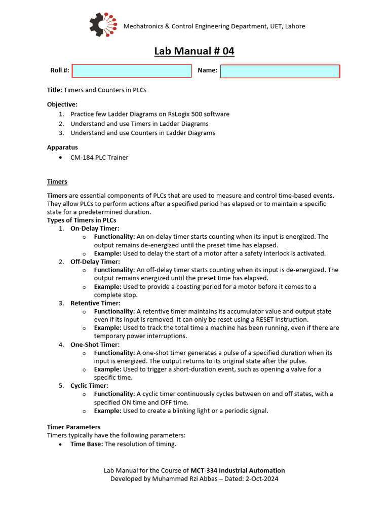 PLC Timers and Counters Lab Manual | PDF | Timer | Programmable Logic ...