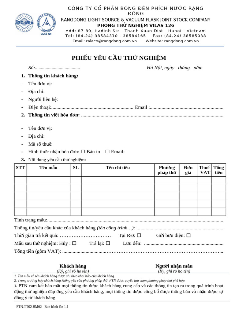 Phiếu yêu cầu thử nghiệm | PDF