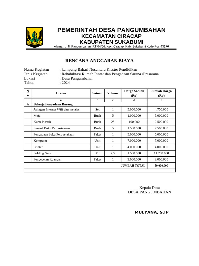 RAB Kegiatan Desa Pangumbahan 2024 | PDF