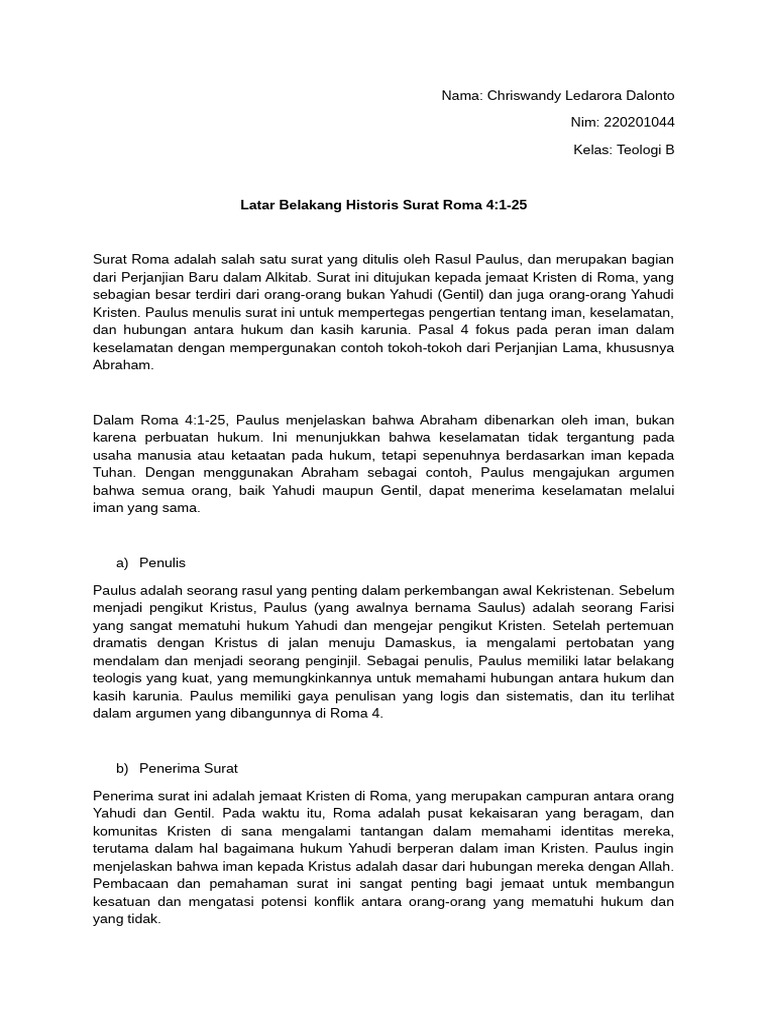 Latar Belakang Surat Roma 4:1-25 | PDF