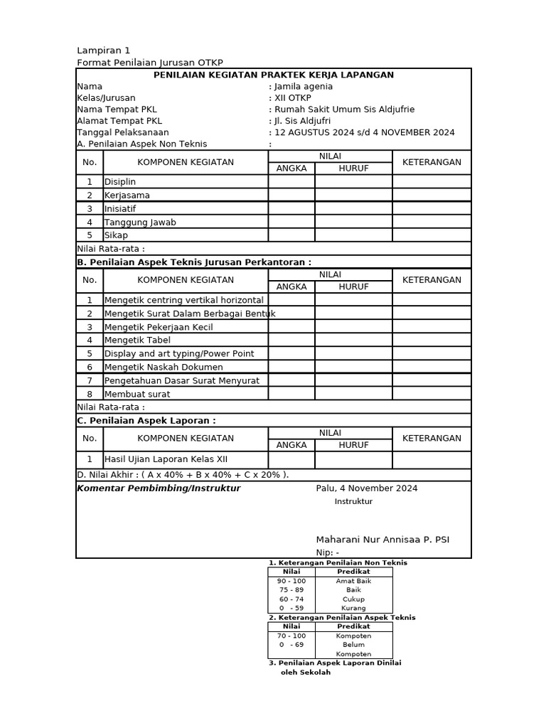 Format Penilaian PKL SMK OTKP dan AKL | PDF