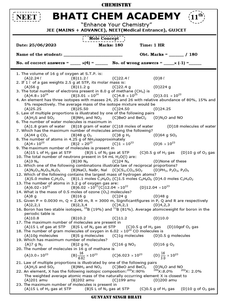 NEET Chemistry Mole Concept Practice | PDF | Mole (Unit) | Chemical ...