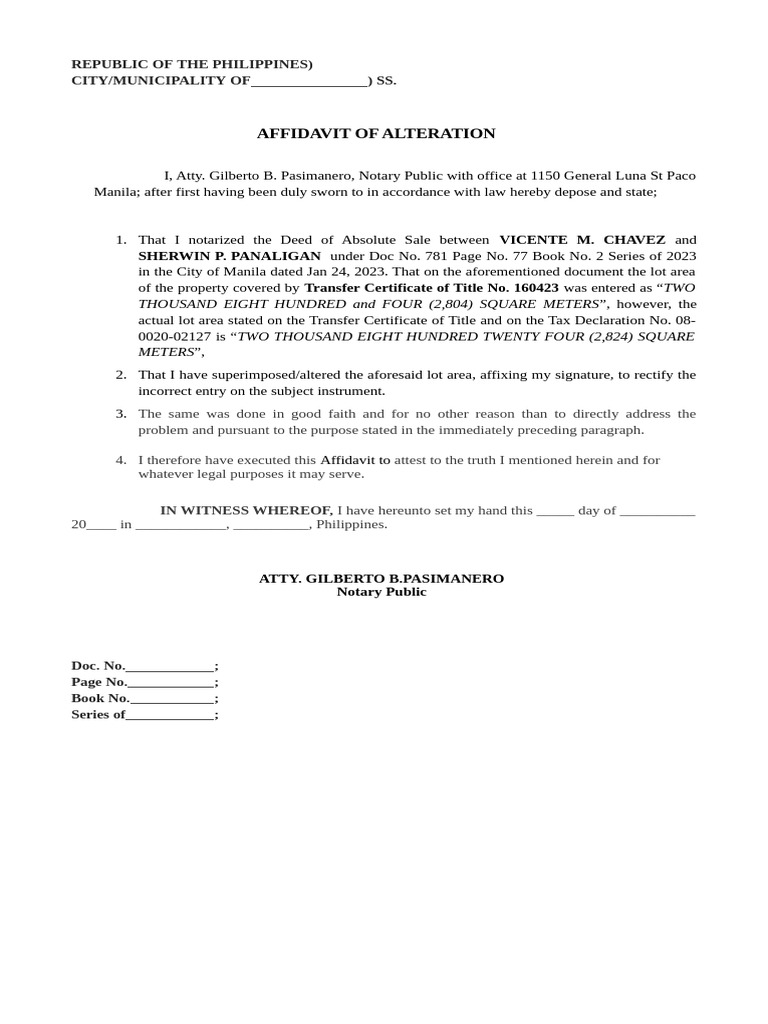 Affidavit of Alteration for Property Title | PDF | Notary Public ...