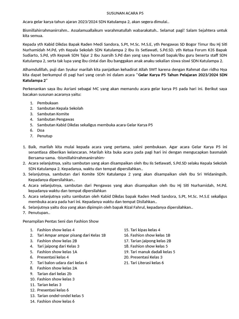 Susunan Acara Gelar Karya P5 SDN Katulampa 2 | PDF