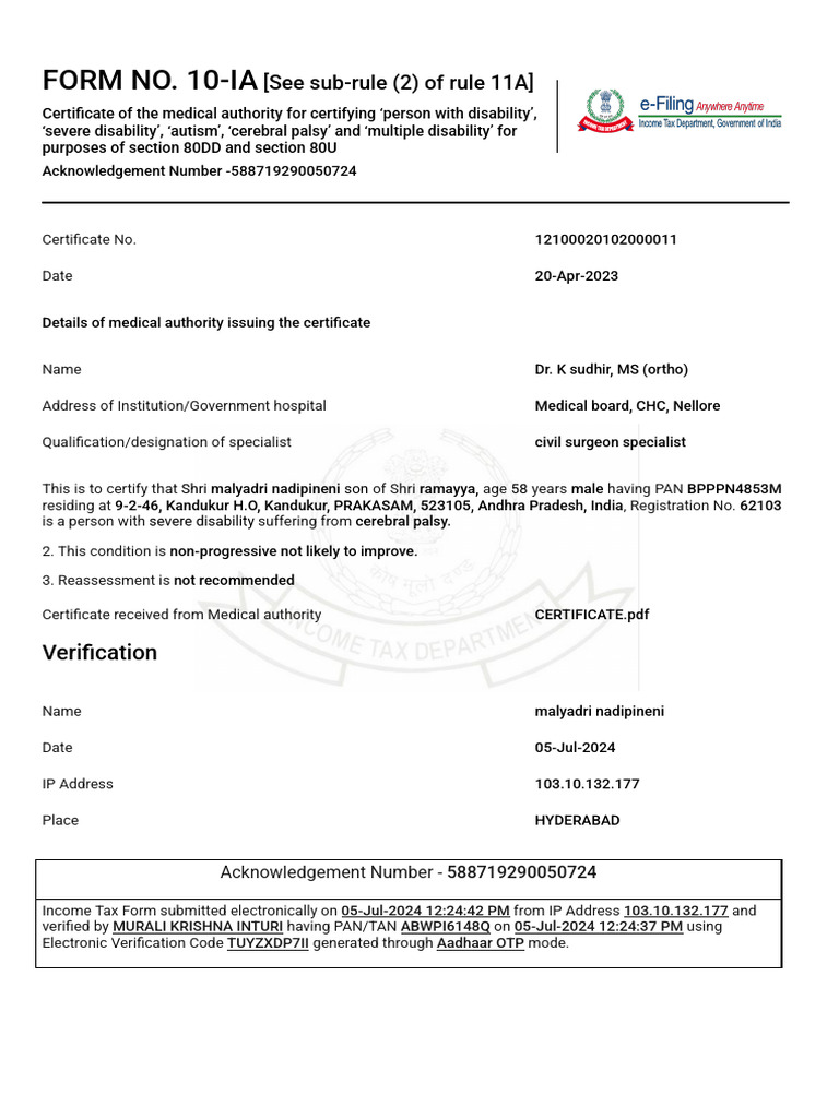 Disability Certificate for Tax Benefits | PDF