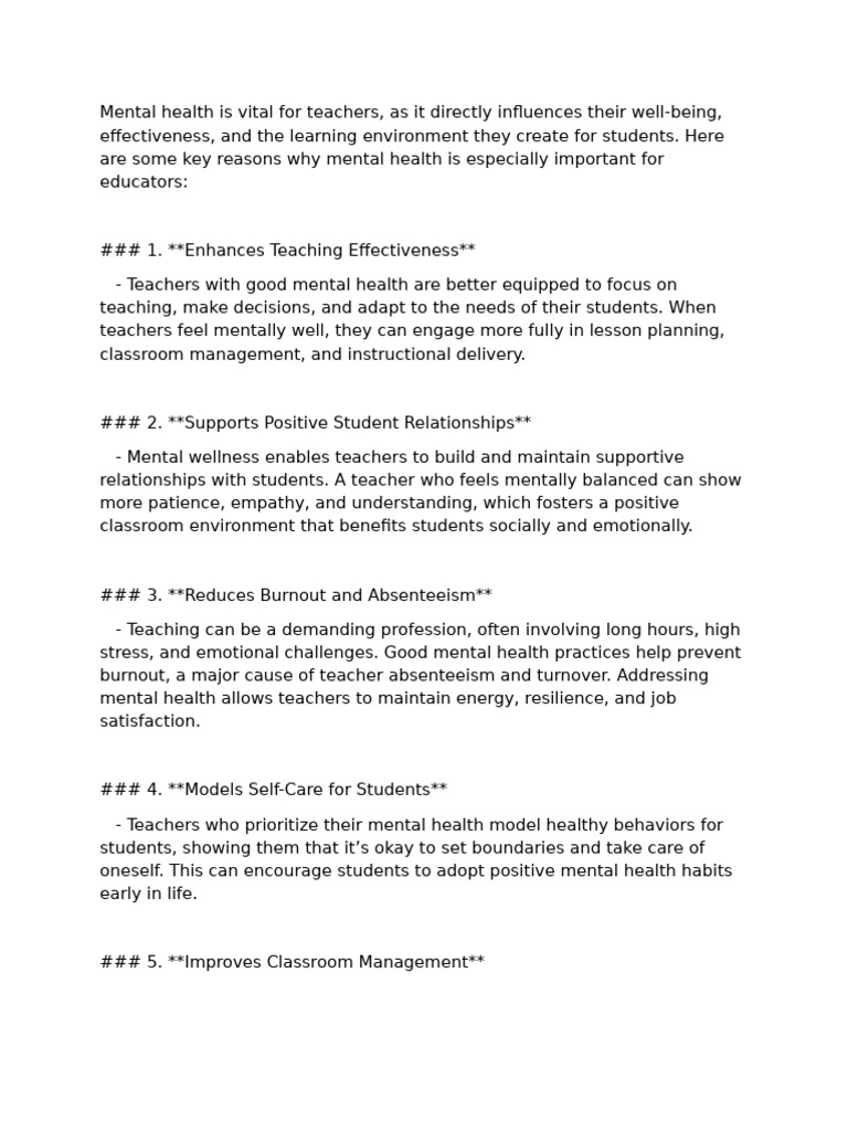 Importance of Mental Health For Teachers | PDF | Mental Health | Teachers
