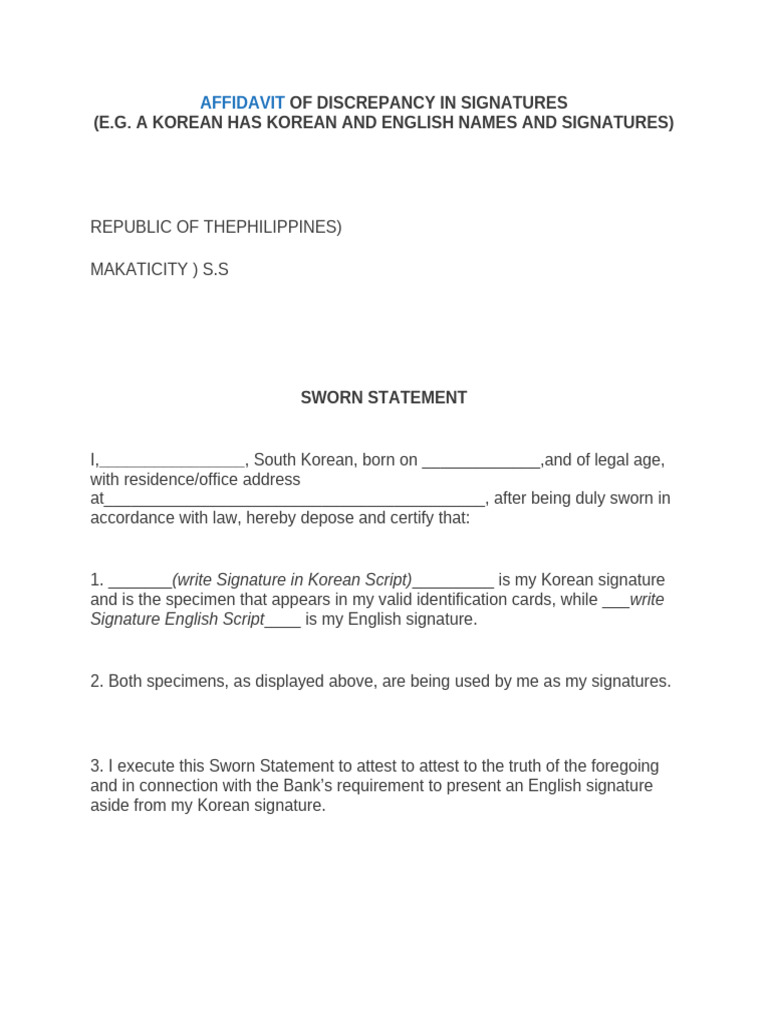 Sworn Statement - Affidavit of Discrepancy On Signature | PDF