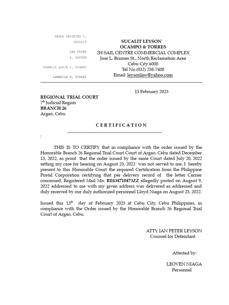 Certification RTC Branch 26, Argao | PDF