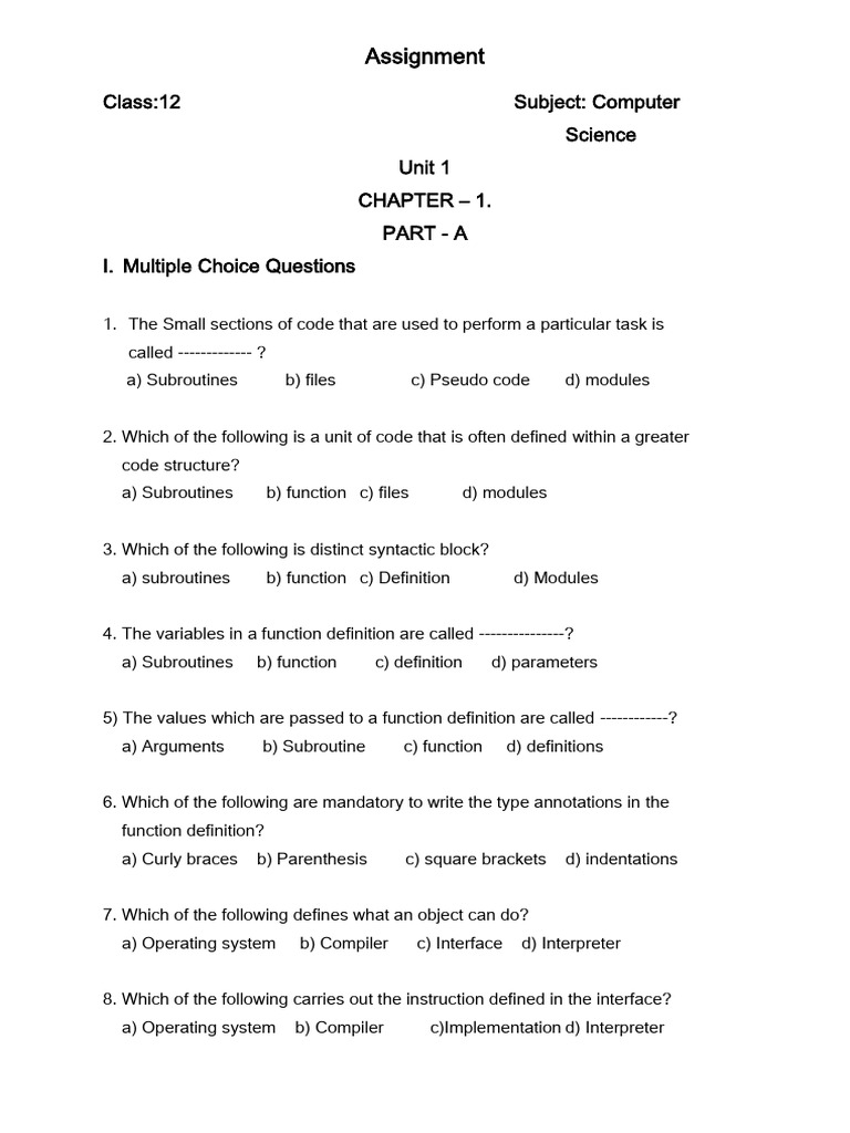 Computer Science Assignment: Unit 1 Questions | PDF | Parameter ...