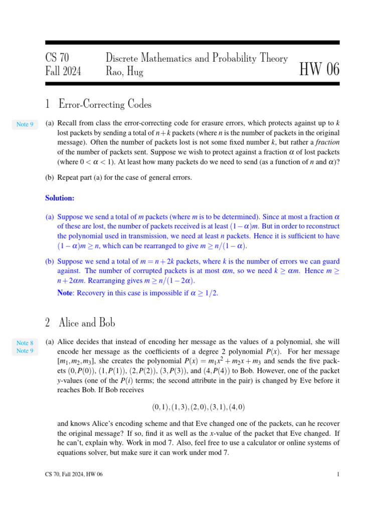 Error-Correcting Codes in CS 70 Homework | PDF | Permutation | Numbers