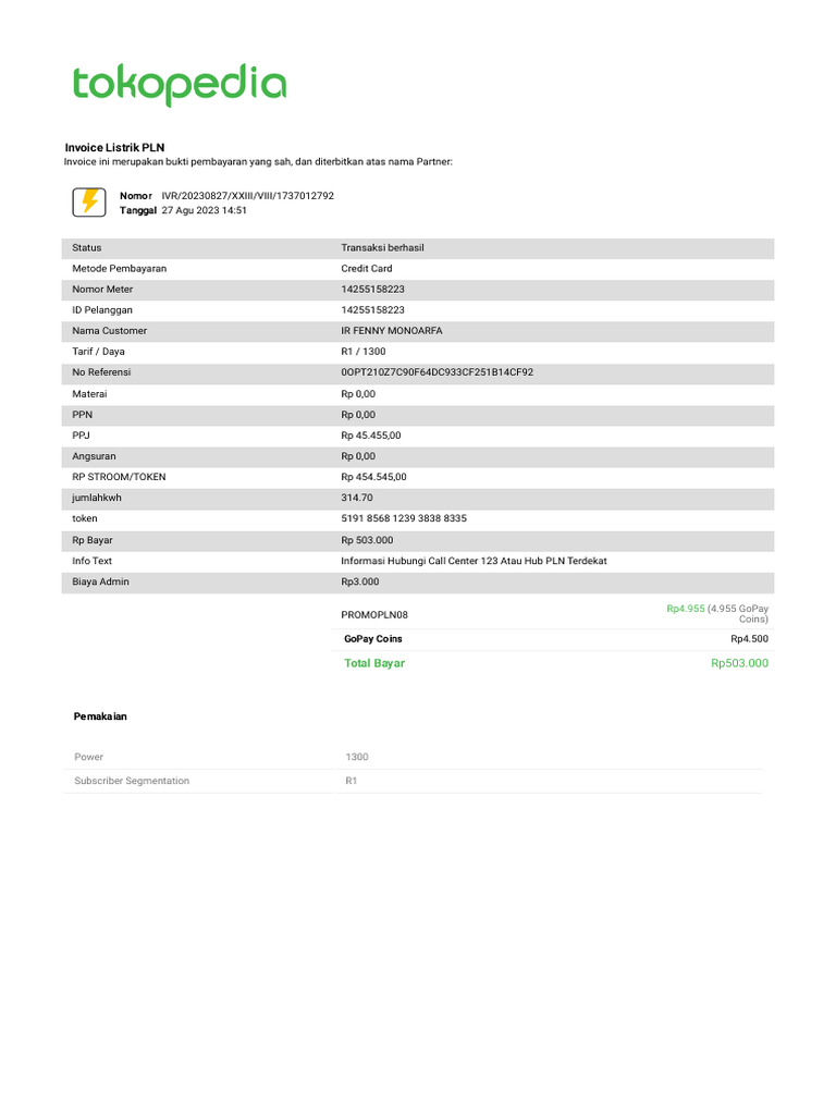 Invoice Listrik Agustus 2023 | PDF