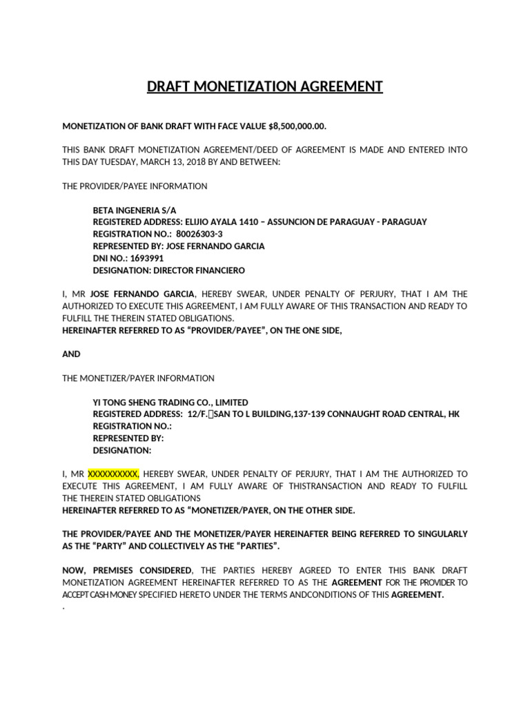Draft Monetization Agreement Final | PDF | Banks | Breach Of Contract