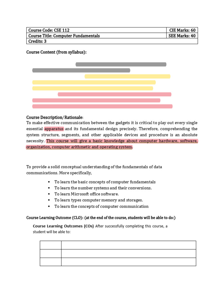 CSE 112: Computer Fundamentals Course | PDF | Microsoft Office ...